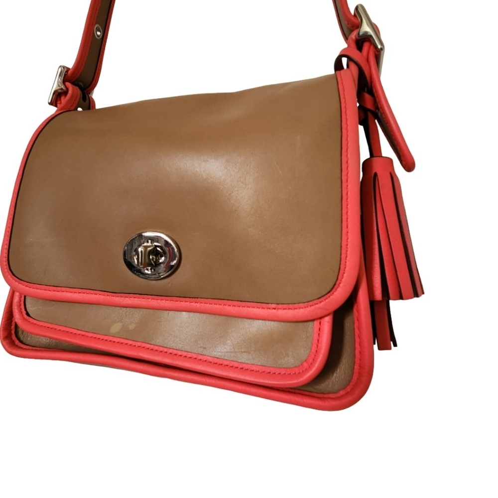 Coach Rambler Tan & Coral Leather Flap Shoulder Bag - Picture 3 of 14